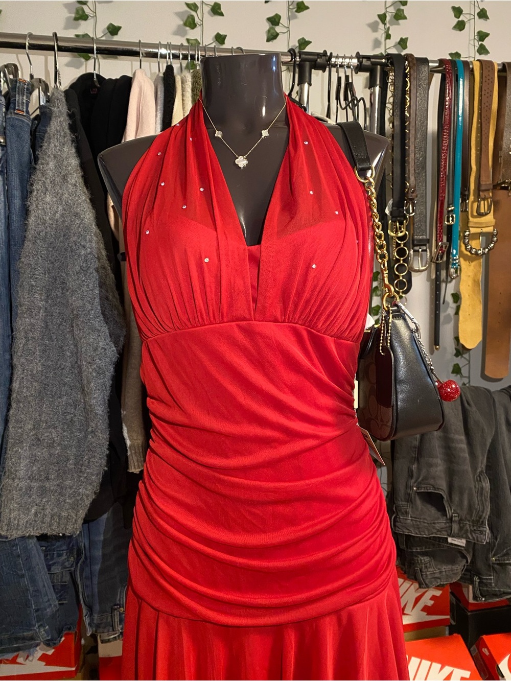 Y2k Red Halter Ruched Evening Dress with Subtle Embellishments